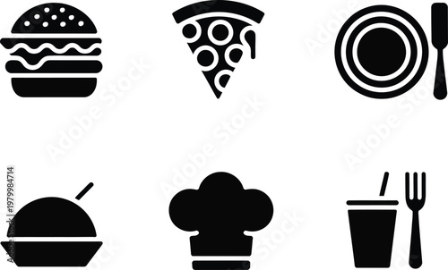 A collection of black food and culinary icons representing fast food pizza dining and cooking gear