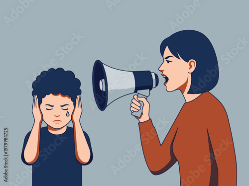 Angry Mother Shouting Through a Megaphone at a Crying Child - Conceptual Illustration of Verbal Abuse, Toxic Parenting, and Emotional Trauma in Family Relationships