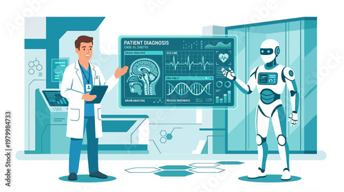 A doctor and robot engaged in a medical discussion about brain scans and technology.