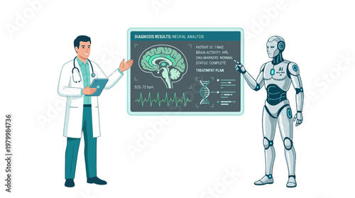 A doctor and robot discuss medical data on a brain scan diagram