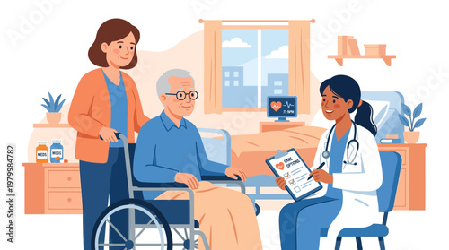 A doctor and a concerned woman discuss medical treatment with a senior patient in a hospital room