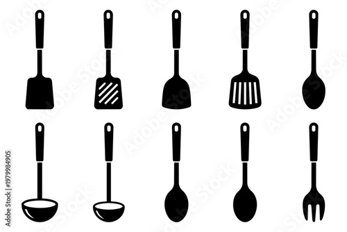 Kitchen utensil silhouette icon set with spatula, spoon, and ladle for cooking