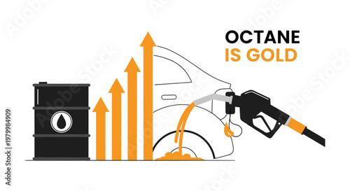 Rising gasoline price graph with oil barrel and car fuel nozzle in bold orange and black illustration for finance and economy