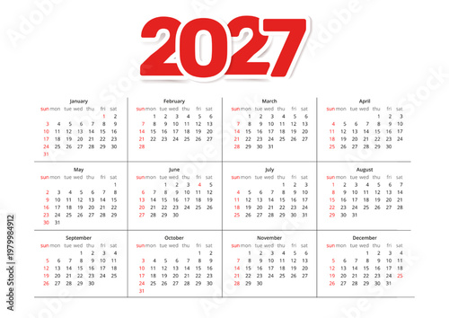 2027 calendar template. Minimalistic design, with 3D volumetric red numbers 2027