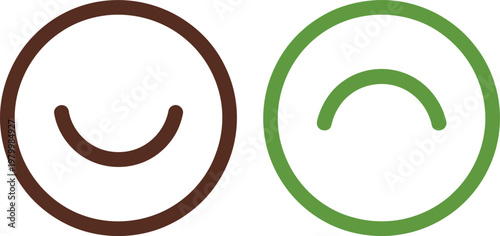 Brown and green circular icons showing a happy smiling face and a sad frowning face emotion