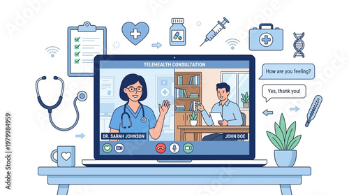 Doctor and patient engage in online medical discussion on laptop