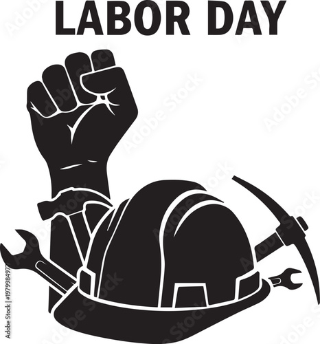 Labor Day Celebration Concept: Raised Fist with Hard Hat and Construction Tools