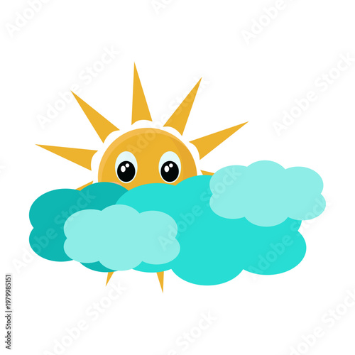 Sun Behind Clouds, Cute Weather Cartoon Icon. Cute sun peeking from behind clouds. Weather icon concept for forecasts, apps, kids illustrations and seasonal design.
