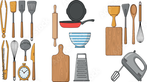 Set of kitchen utensils including spatula whisk knife cutting board mixer and cookware isolated cooking tools vector illustration collection