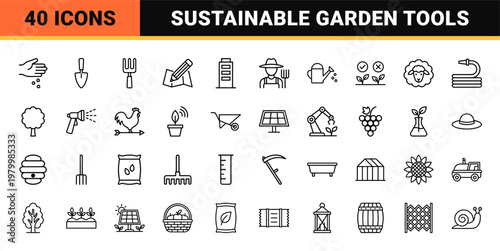 Minimalist farming and gardening line icons set