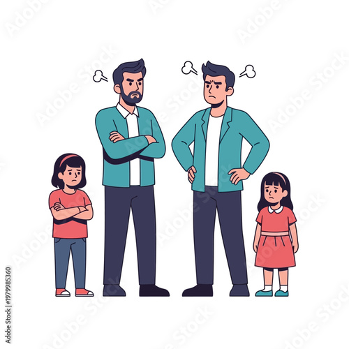 Angry fathers arguing, sad children watching, family conflict illustration