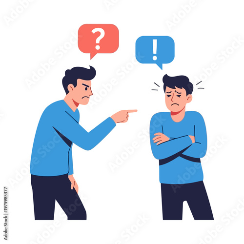 Angry man pointing finger at confused person, argument, misunderstanding, question and exclamation