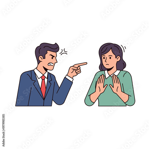 Angry man pointing finger at scared woman, conflict, argument, disagreement, workplace tension