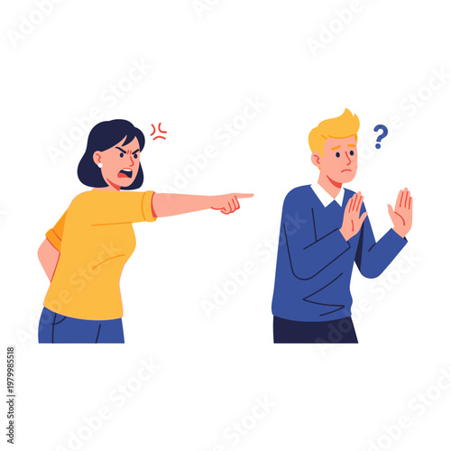 Angry woman pointing finger at confused man with question mark