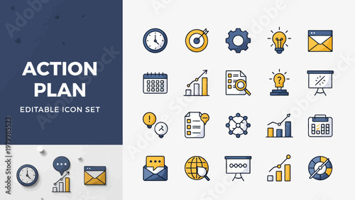 A dynamic action plan icon set offers colorful outline symbols for strategic business themes.