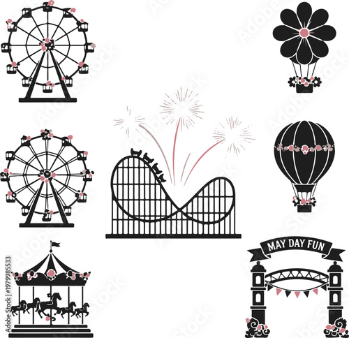 May Day Amusement Park Icon Set: Ferris Wheel and Roller Coaster Vectors