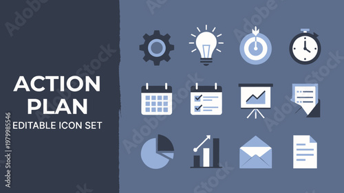 A focused action plan icon set displays filled symbols in blue and grey on an abstract dark background.
