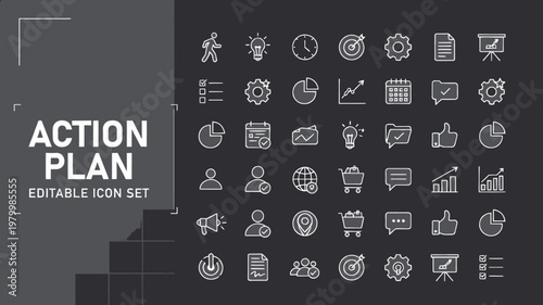 An extensive action plan icon set provides a vast array of outline symbols with subtle gradients.