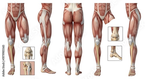 Human leg anatomy musculature, multiple views showing muscles of thigh, knee, calf, and foot with bone and joint close-ups, skeletal system