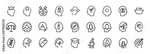 Mindfulness and mental health line icon set for psychology and therapy