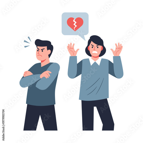 Couple arguing with broken heart symbol, relationship conflict, emotional distress, vector illustration