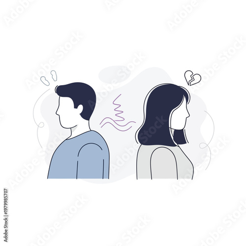 Couple arguing, breakup, relationship conflict, broken heart, emotional stress, vector illustration