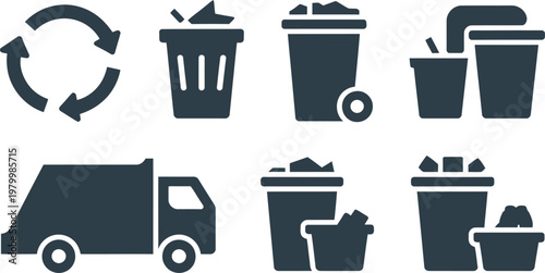 Collection of solid icons representing waste management recycling processes and garbage disposal services for urban sustainability