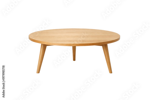 Scandinavian oak coffee table, minimalist round wooden furniture, mid-century modern circular low table for living room interior design isolated PNG with Transparent Background