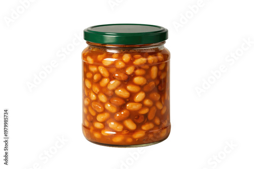 Canned baked beans in tomato sauce, glass jar with green lid, preserved white haricot beans in savory red gravy, pantry staple food product isolated PNG with Transparent Background