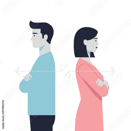 Couple arguing, facing away from each other with arms crossed, distance symbol