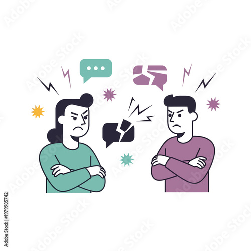 Couple arguing, broken communication, disagreement, conflict, relationship problems, vector illustration