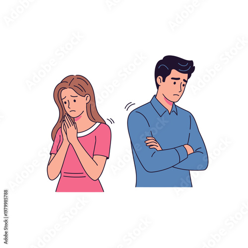 Couple arguing, woman pleads with man, relationship conflict, emotional distress, separation concept