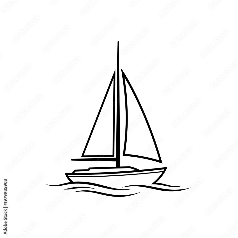 Fototapeta premium Simple Sailboat Line Art Icon - Minimalist Yacht Outline on Water Waves