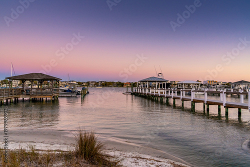 the docks and houses on the Banks Channel between Wilmington and Wrightsville Beach at sunrise