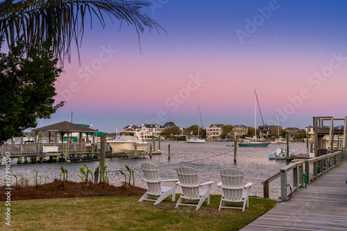 the docks and houses on the Banks Channel between Wilmington and Wrightsville Beach at sunrise