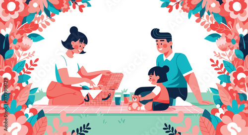 Happy family picnic vector illustration, parents and child eating outdoors in spring park, floral frame border with summer flowers and greenery