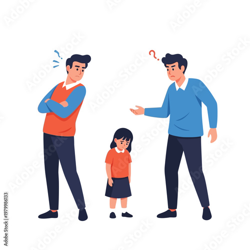 Family conflict: Two fathers arguing, sad child in between, stress, misunderstanding