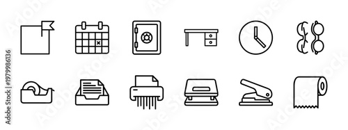 Business office supply and workspace minimalist outline icon set
