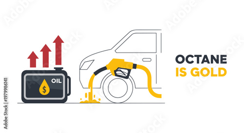 Fuel nozzle pouring oil into car gas tank in simple line art with bold colorful accents for automotive advertising