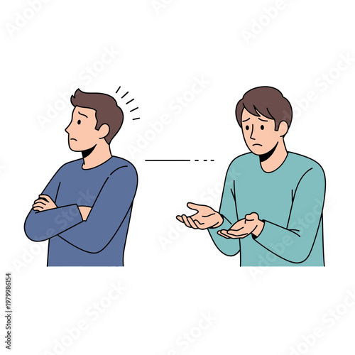 Frustrated man confronts confused friend, communication breakdown, disagreement concept