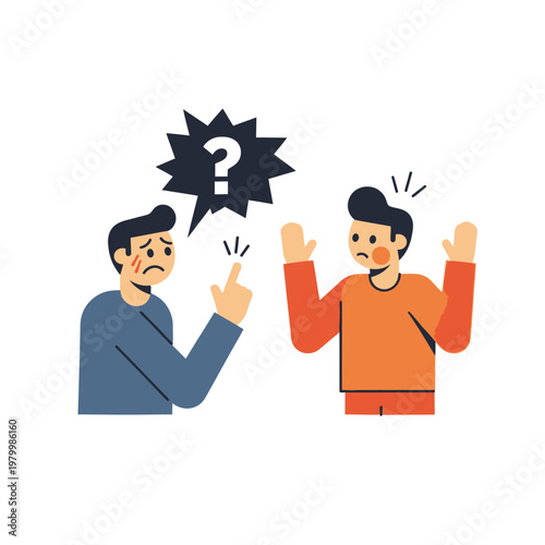 Frustrated men arguing with question mark speech bubble, disagreement concept illustration