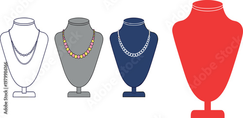 Set of luxury jewelry necklaces displayed on mannequin busts with ornate gold silver and gemstone designs isolated vector illustration collection