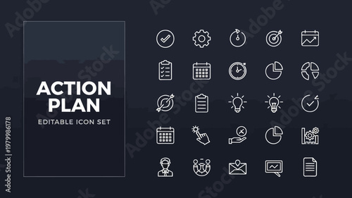 A sleek action plan icon set presents a clean array of white outline icons on a dark grey background.