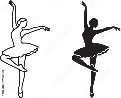 Two elegant ballerinas in different poses with outstretched arms and legs