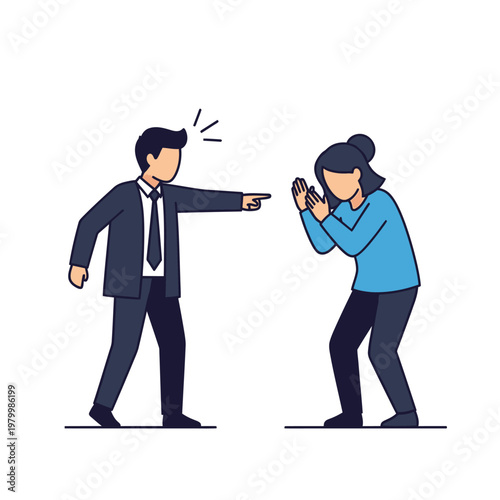 Man Accusing Woman, Blaming, Pointing Finger, Defensive Gestures, Conflict, Stress, Workplace Harassment