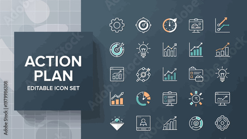 A modern action plan icon set combines blue and orange outline elements on a grid background.
