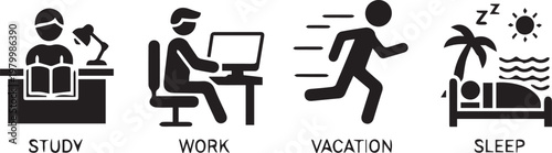 Daily Life Routine Icon Set: Study, Work, Vacation, and Sleep Vectors