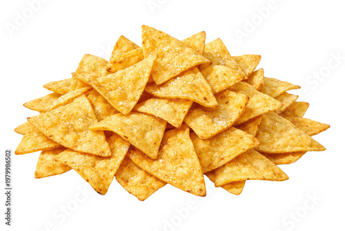 Crunchy corn nachos pile, golden yellow tortilla chips stack, salty mexican snack food, crispy triangular appetizers for party dipping isolated PNG with Transparent Background