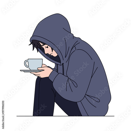 Sad Teenager in Hoodie Holding Coffee Cup, Anime Style Illustration