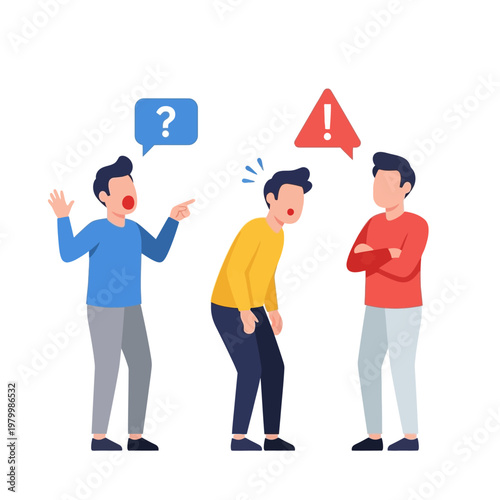 Three men arguing, conflict, misunderstanding, disagreement, stress, communication problems